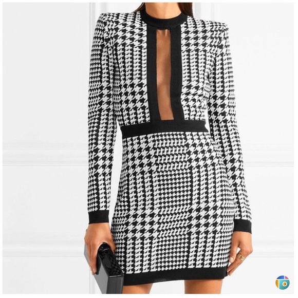 Balmain Dresses & Skirts - Balmain Houndstooth mesh trimmed stretch knit mini